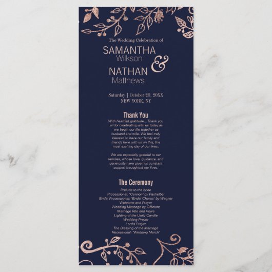 Elegante Navy Blue Roos Gold Floral Wedding Progra Programmakaart (Voorkant)