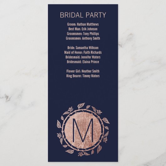 Elegante Navy Blue Roos Gold Floral Wedding Progra Programmakaart (Achterkant)