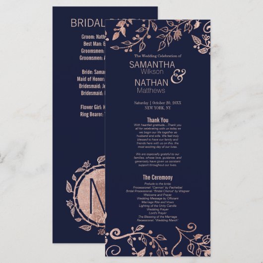 Elegante Navy Blue Roos Gold Floral Wedding Progra Programmakaart (Voorkant / Achterkant)