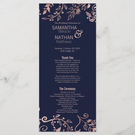 Elegante Navy Blue Roos Gold Floral Wedding Progra Programmakaart (Voorkant)