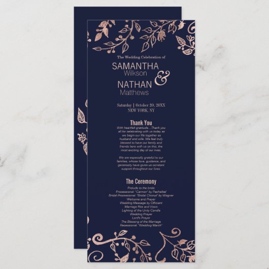 Elegante Navy Blue Roos Gold Floral Wedding Progra Programmakaart (Voorkant / Achterkant)