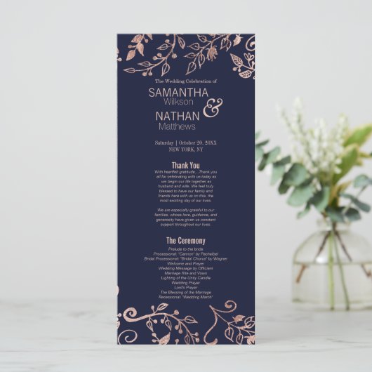 Elegante Navy Blue Roos Gold Floral Wedding Progra Programmakaart (Staand voorkant)