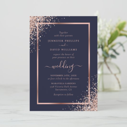 Elegante Navy Blue Roos Gold Glitter Lijst bruilof Kaart (Staand voorkant)