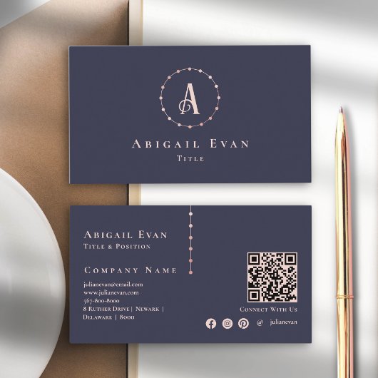 Elegante Navy Blue Roos Gold Glitter Monogram Visitekaartje