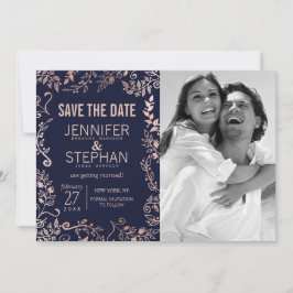 Elegante Navy Blue Roze Gouden Bloemige Save the D Date
