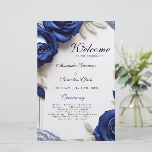 Elegante Navy Blue Rozen & Silver Glitter Wedding (Staand voorkant)