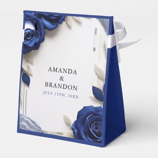 Elegante Navy Blue Rozen & Silver Glitter Wedding Bedankdoosjes (Achterkant)