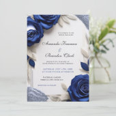 Elegante Navy Blue Rozen & Silver Glitter Wedding Kaart (Staand voorkant)