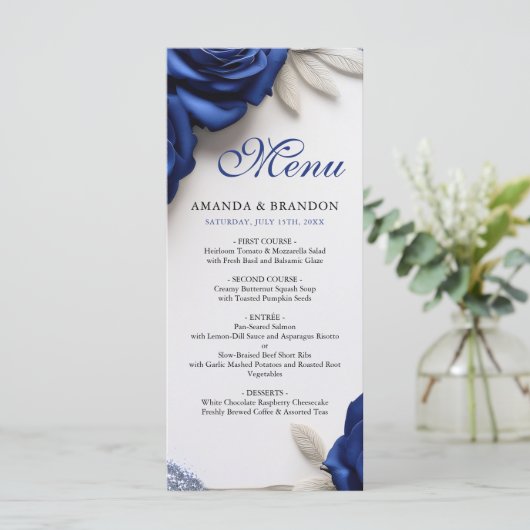 Elegante Navy Blue Rozen & Silver Glitter Wedding Menu (Staand voorkant)