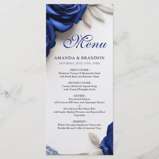 Elegante Navy Blue Rozen & Silver Glitter Wedding Menu (Voorkant)