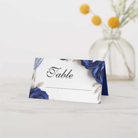 Elegante Navy Blue Rozen & Silver Glitter Wedding Plaatskaartje (Voorkant)
