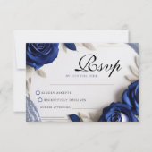 Elegante Navy Blue Rozen & Silver Glitter Wedding RSVP Kaartje (Voorkant)