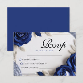 Elegante Navy Blue Rozen & Silver Glitter Wedding RSVP Kaartje