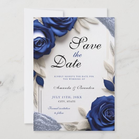 Elegante Navy Blue Rozen & Silver Glitter Wedding Save The Date (Voorkant)