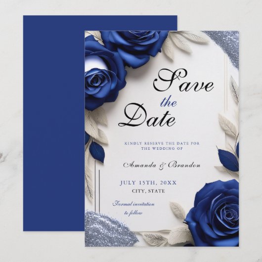 Elegante Navy Blue Rozen & Silver Glitter Wedding Save The Date (Voorkant / Achterkant)