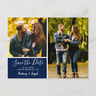 Elegante Navy Blue Save the Date Fotocollage   Briefkaart