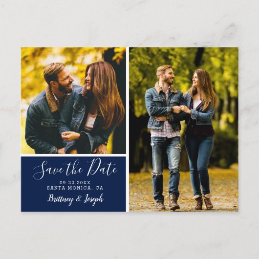 Elegante Navy Blue Save the Date Fotocollage | Briefkaart (Voorkant)