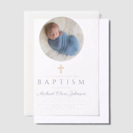 Elegante Navy Blue Schrift Jongens Foto Doop  Vellum Uitnodigingen