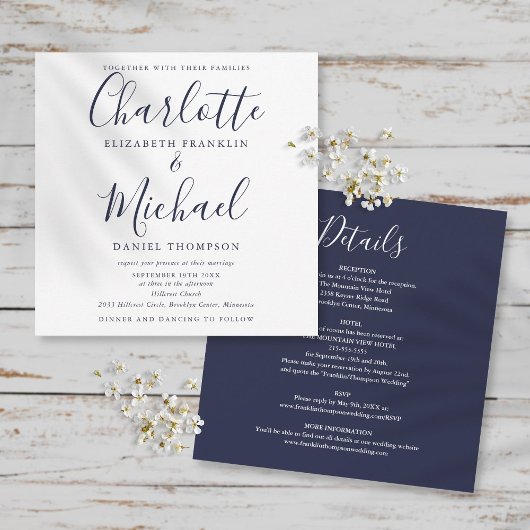Elegante Navy Blue Script All-in-One Trouwkaart Kaart