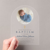 Elegante Navy Blue Script Boy Fotodoop Acryl Uitnodigingen (Insitu (Draagbaar))