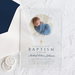 Elegante Navy Blue Script Boy Fotodoop Acryl Uitnodigingen