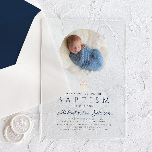 Elegante Navy Blue Script Boy Fotodoop Acryl Uitnodigingen