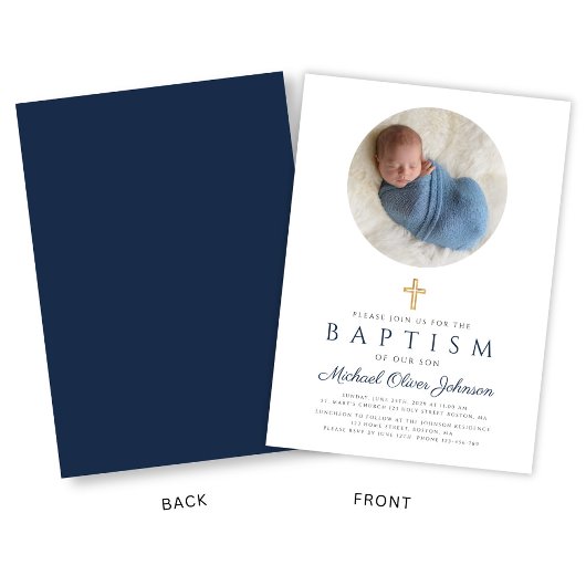 Elegante Navy Blue Script Boy Fotodoop Kaart