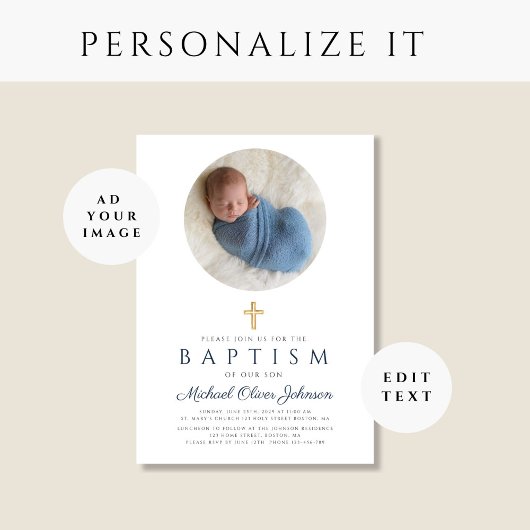 Elegante Navy Blue Script Boy Fotodoop Kaart