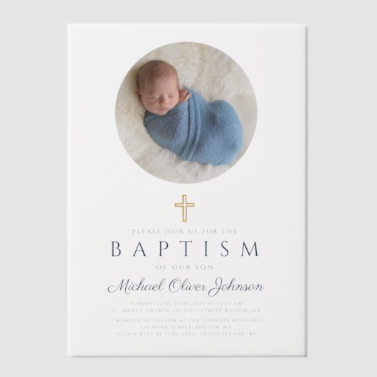 Elegante Navy Blue Script Boy Fotodoop Vellum Uitnodigingen (Voorkant)