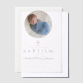 Elegante Navy Blue Script Boy Fotodoop Vellum Uitnodigingen (Offset)