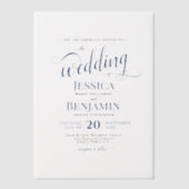 Elegante Navy Blue Script Grote namen bruiloft Vellum Uitnodigingen (Voorkant)