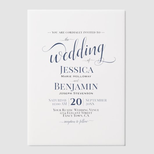 Elegante Navy Blue Script Grote namen bruiloft Vellum Uitnodigingen (Voorkant)