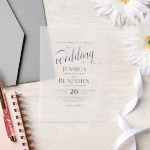 Elegante Navy Blue Script Grote namen bruiloft Vellum Uitnodigingen
