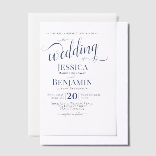 Elegante Navy Blue Script Grote namen bruiloft Vellum Uitnodigingen (Offset)