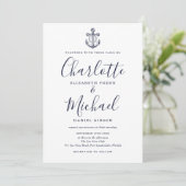 Elegante Navy Blue Script Nautilus Anker Trouwkaar Kaart (Staand voorkant)