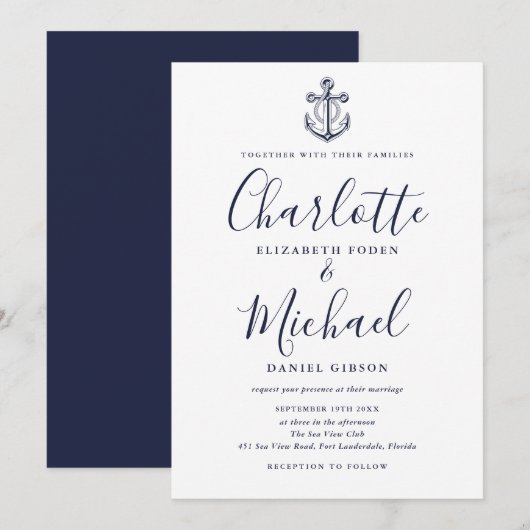 Elegante Navy Blue Script Nautilus Anker Trouwkaar Kaart (Voorkant / Achterkant)