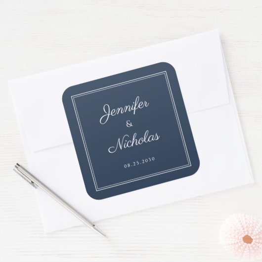 Elegante Navy Blue Script Trouw Vierkante Sticker (Envelop)