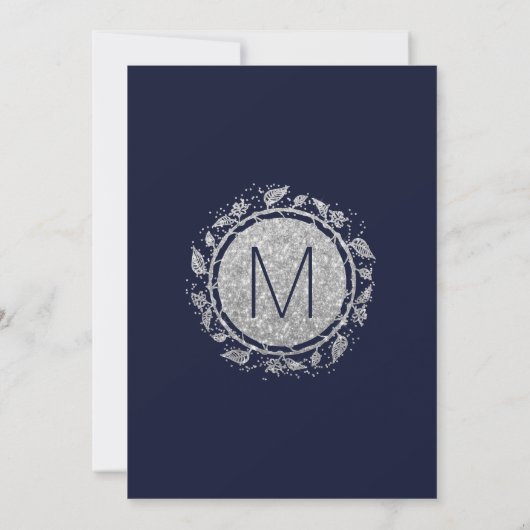 Elegante Navy Blue Silver Floral Glitter Verloving Kaart (Achterkant)