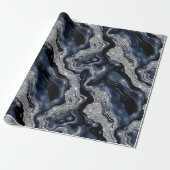 Elegante Navy Blue & Silver Glitter Agaat Verjaard Cadeaupapier (Uitgerold)