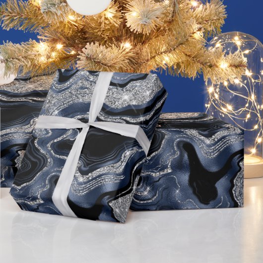 Elegante Navy Blue & Silver Glitter Agaat Verjaard Cadeaupapier (Feestdagen)