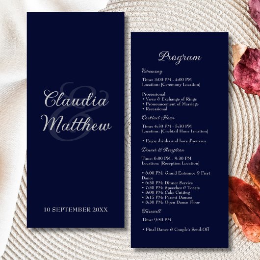 Elegante Navy Blue & Silver Script Wedding Program Programmakaart