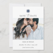 Elegante Navy Blue Snowflake twee foto's bruiloft Save The Date (Voorkant)