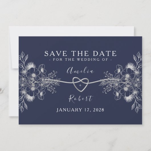 Elegante Navy Blue Trouw Save The Date (Voorkant)