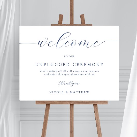 Elegante Navy Blue Unplugged Wedding Welkomstbord Poster