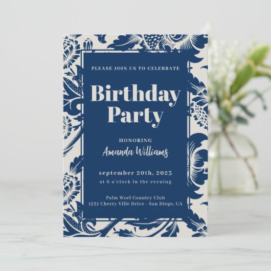 Elegante Navy Blue Verjaardagsfeestuitnodiging Kaart (Staand voorkant)