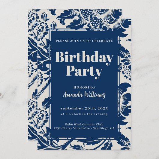 Elegante Navy Blue Verjaardagsfeestuitnodiging Kaart (Voorkant / Achterkant)