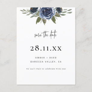 Elegante Navy Blue Waterverf Floral Save the Date Aankondigingskaart
