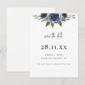 Elegante Navy Blue Waterverf Floral Save the Date Aankondigingskaart (Voorkant / Achterkant)