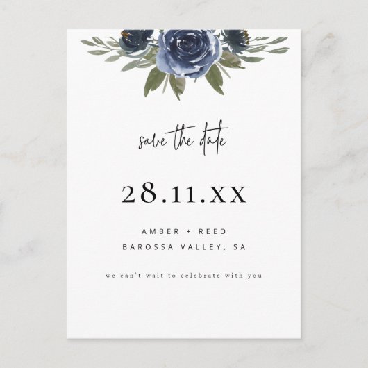 Elegante Navy Blue Waterverf Floral Save the Date Aankondigingskaart (Voorkant)