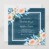 Elegante Navy Blue Waterverf Floral Square bruilof Kaart (Voorkant)